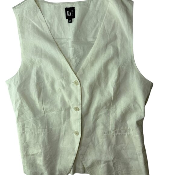 GAP Women's Linen Vest.  White V Neck. Size Women's Petite Large, Long 3 Button - Picture 1 of 8